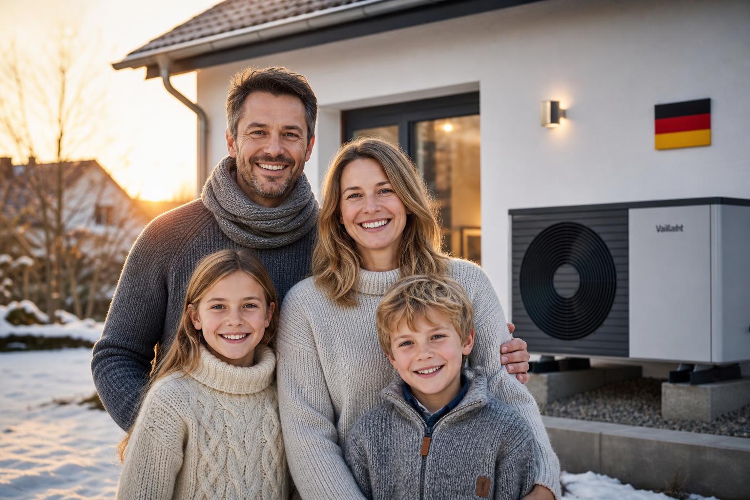 Glückliche deutsche Familie vor ihrem modernen Eigenheim mit Wärmepumpe